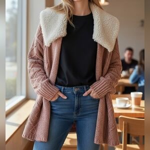 Anthro Sleeping On Snow Knit Cardigan Sweater Fleece Collar Wool Blend Womens